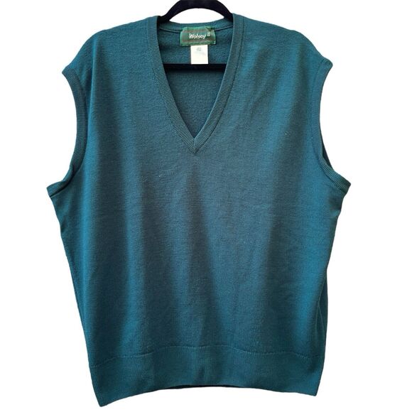 Wolsey 100% Wool Vintage V-Neck Sweater Vest Green Holiday Men's Size 42/52 XL - Picture 1 of 4